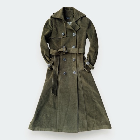Express Olive Green Trench Double-Breasted Belted Military Small - Picture 3 of 7